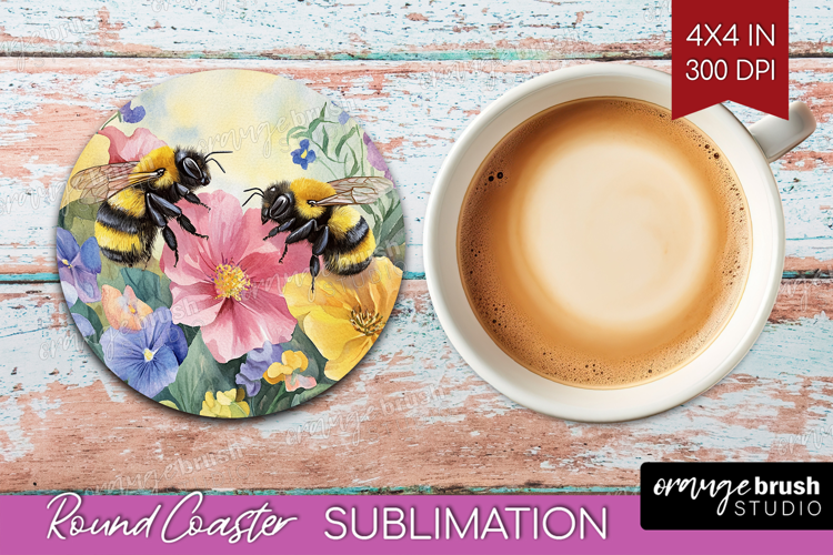 Bee Round Coaster - Watercolor Bee Coaster PNG Sublimation
