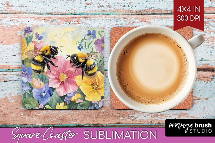 Bee Square Coaster - Watercolor Bee Coaster PNG Sublimation