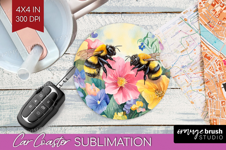 Bee Car Coaster - Watercolor Bee Coaster PNG Sublimation