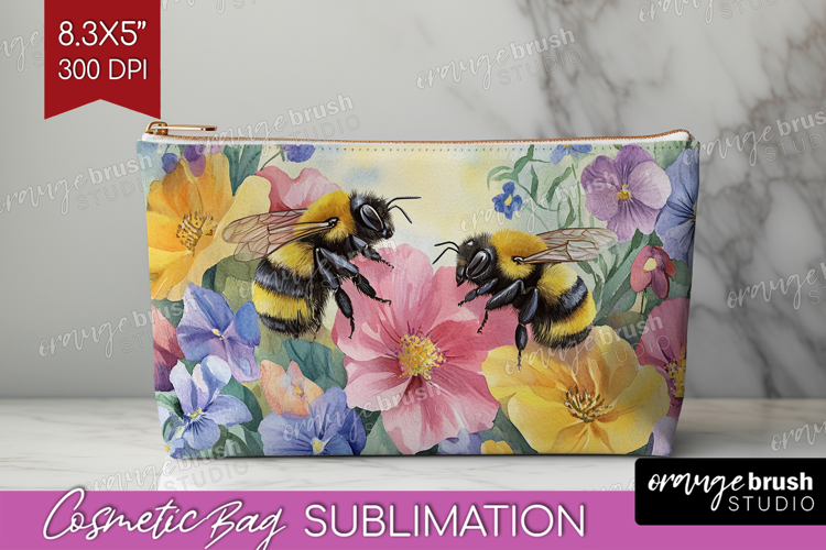 Bee Cosmetic Bag - Watercolor Bee Makeup Bag PNG Sublimation