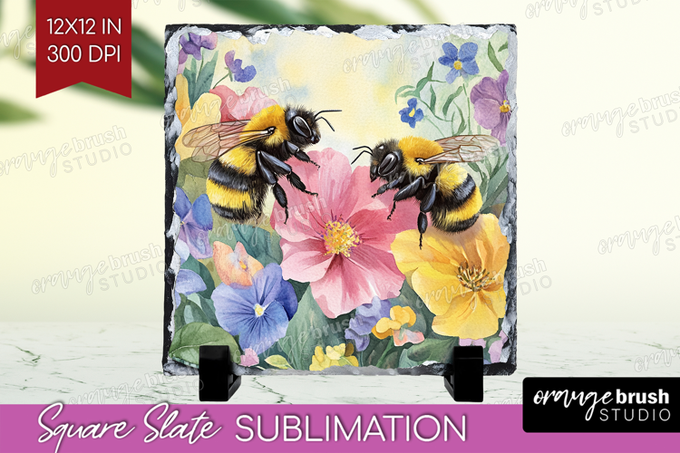 Bee Slate PNG - Watercolor Bee Square Slate Sublimation
