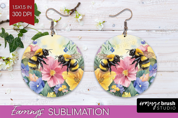 Bee Round Earrings - Watercolor Bee PNG Sublimation