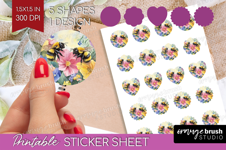 Bee Round Sticker - Watercolor Bee Printable Sticker Sheet