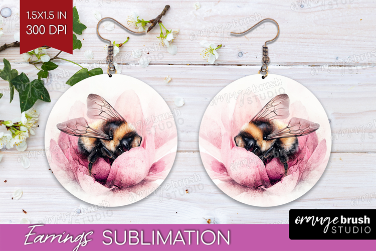 Bee Round Earrings - Watercolor Bee PNG Sublimation