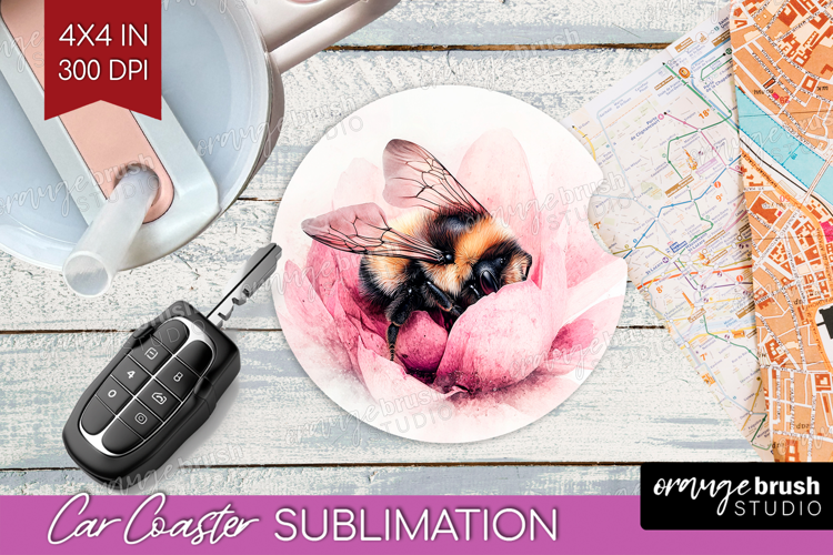 Bee Car Coaster - Watercolor Bee Coaster PNG Sublimation