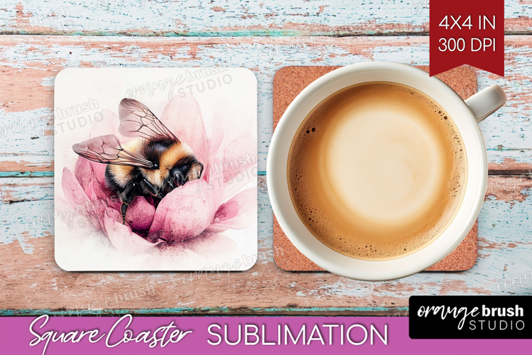 Bee Square Coaster - Watercolor Bee Coaster PNG Sublimation