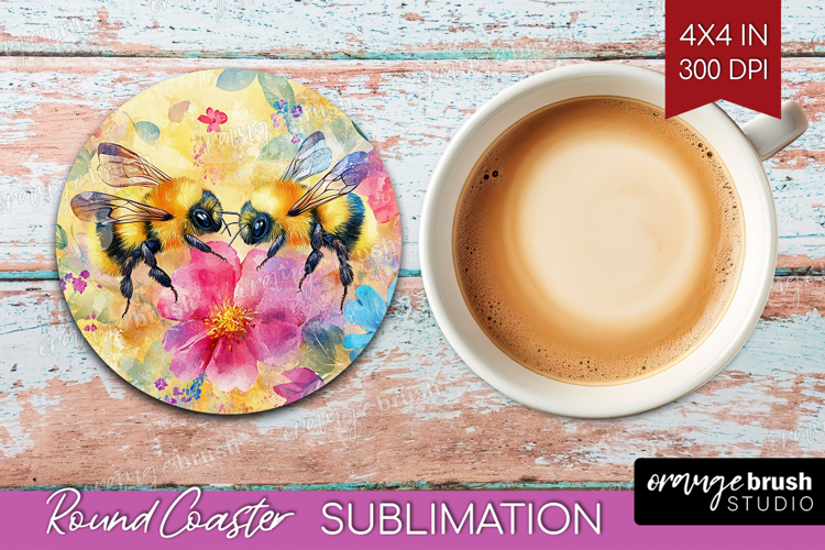 Bee Round Coaster - Watercolor Bee Coaster PNG Sublimation