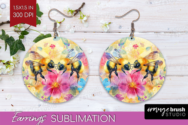 Bee Round Earrings - Watercolor Bee PNG Sublimation