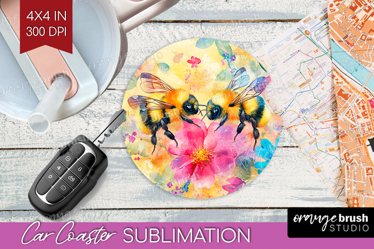 Bee Car Coaster - Watercolor Bee Coaster PNG Sublimation