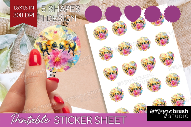 Bee Round Sticker - Watercolor Bee Printable Sticker Sheet