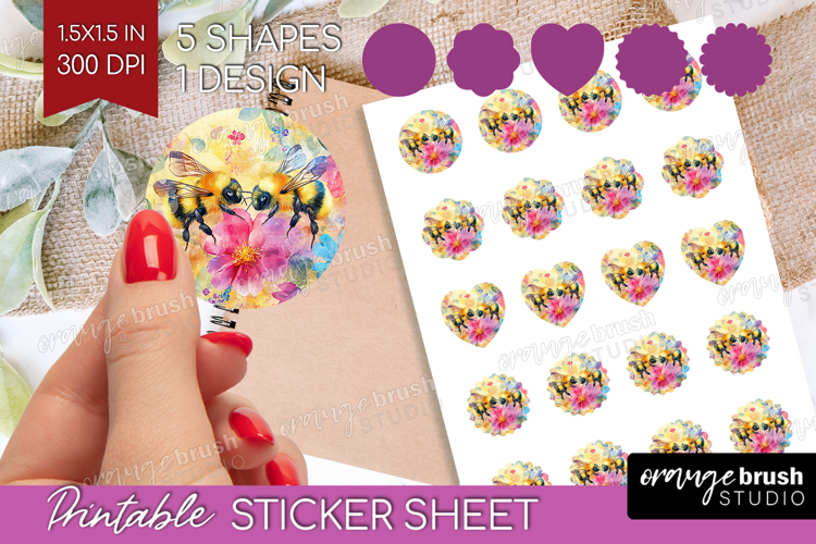 Bee Round Sticker - Watercolor Bee Printable Sticker Sheet