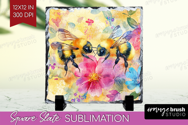Bee Slate PNG - Watercolor Bee Square Slate Sublimation