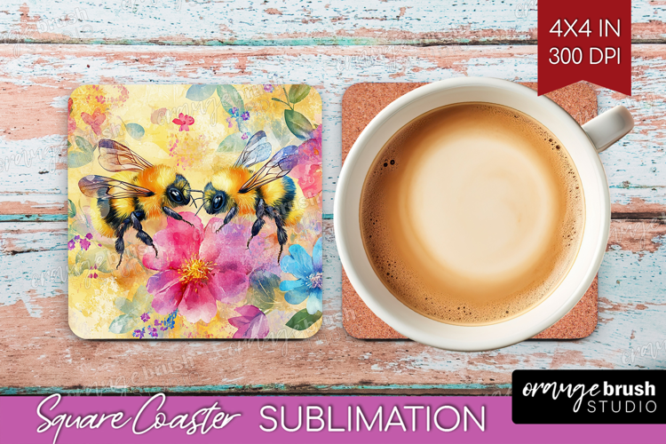 Bee Square Coaster - Watercolor Bee Coaster PNG Sublimation
