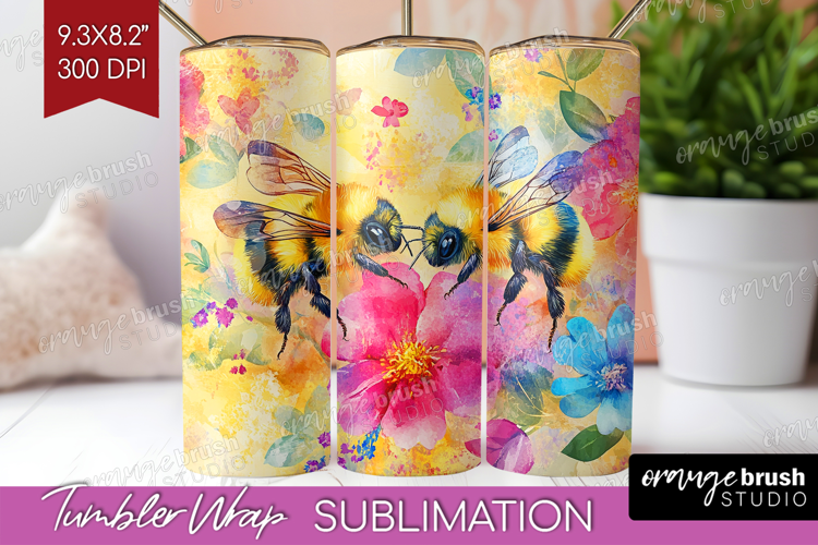 Bee Tumbler Wrap - Watercolor Bee Tumbler PNG Sublimation