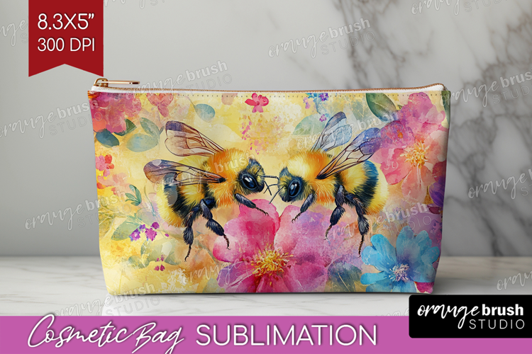 Bee Cosmetic Bag - Watercolor Bee Makeup Bag PNG Sublimation