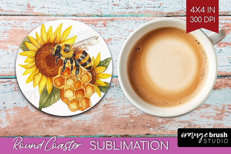 Bee Round Coaster - Watercolor Bee Coaster PNG Sublimation