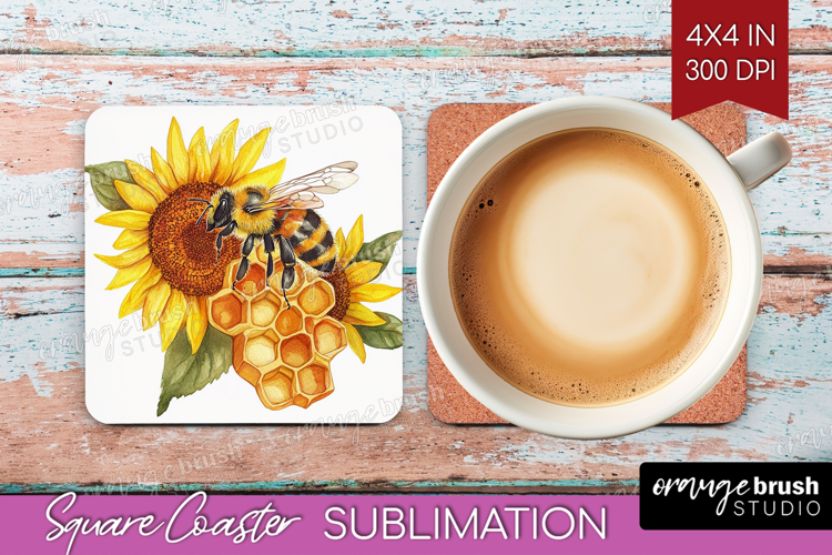 Bee Square Coaster - Watercolor Bee Coaster PNG Sublimation