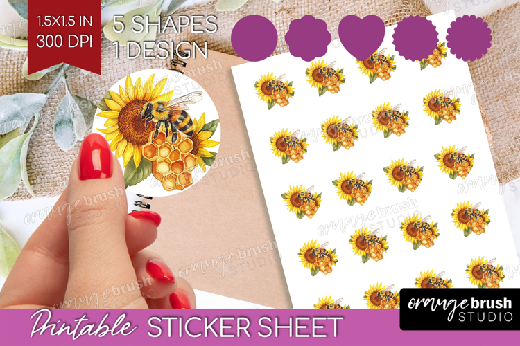 Bee Round Sticker - Watercolor Bee Printable Sticker Sheet