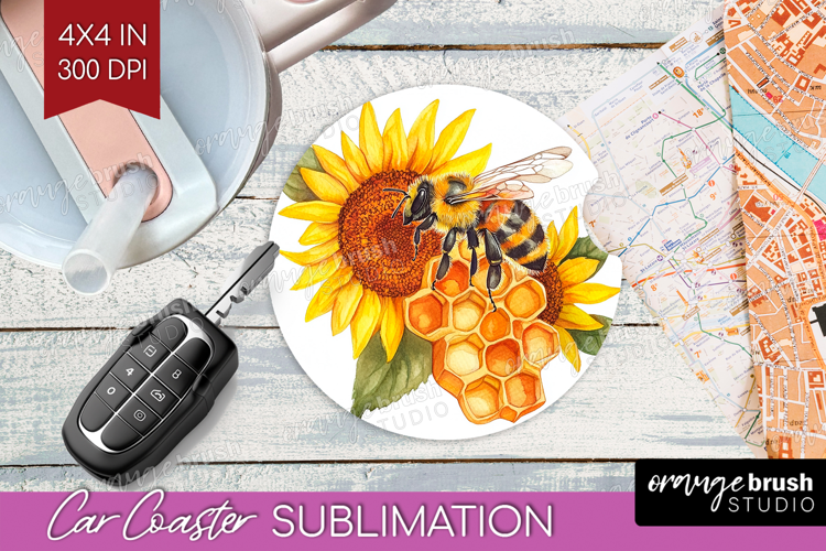 Bee Car Coaster - Watercolor Bee Coaster PNG Sublimation