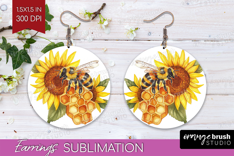 Bee Round Earrings - Watercolor Bee PNG Sublimation