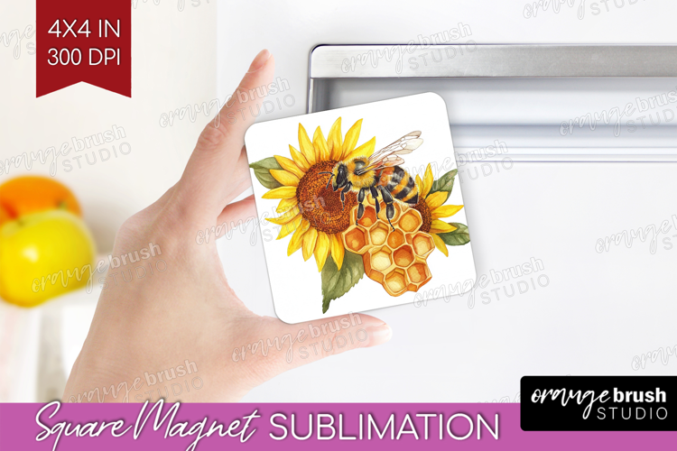 Bee Magnet Sublimation - Watercolor Bee Square Magnet PNG