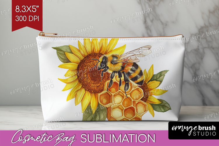 Bee Cosmetic Bag - Watercolor Bee Makeup Bag PNG Sublimation