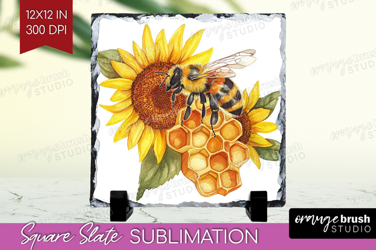 Bee Slate PNG - Watercolor Bee Square Slate Sublimation