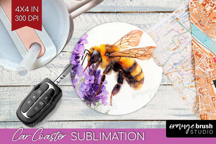 Bee Car Coaster - Watercolor Bee Coaster PNG Sublimation