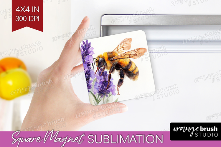 Bee Magnet Sublimation - Watercolor Bee Square Magnet PNG