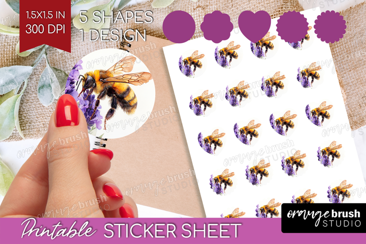 Bee Round Sticker - Watercolor Bee Printable Sticker Sheet