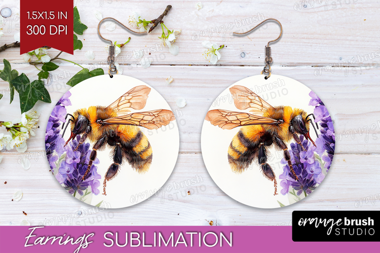 Bee Round Earrings - Watercolor Bee PNG Sublimation