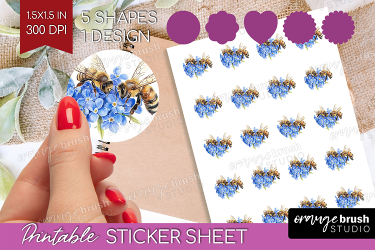Bee Round Sticker - Watercolor Bee Printable Sticker Sheet