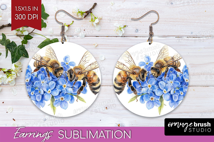 Bee Round Earrings - Watercolor Bee PNG Sublimation