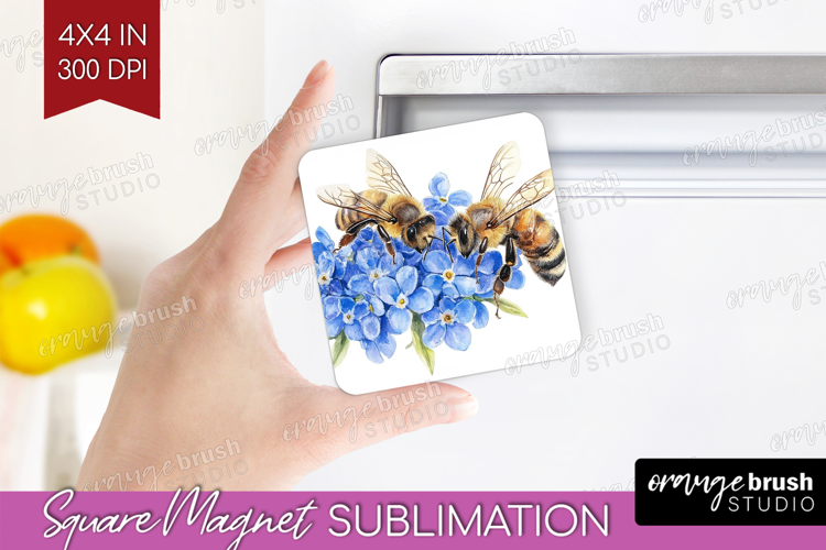 Bee Magnet Sublimation - Watercolor Bee Square Magnet PNG