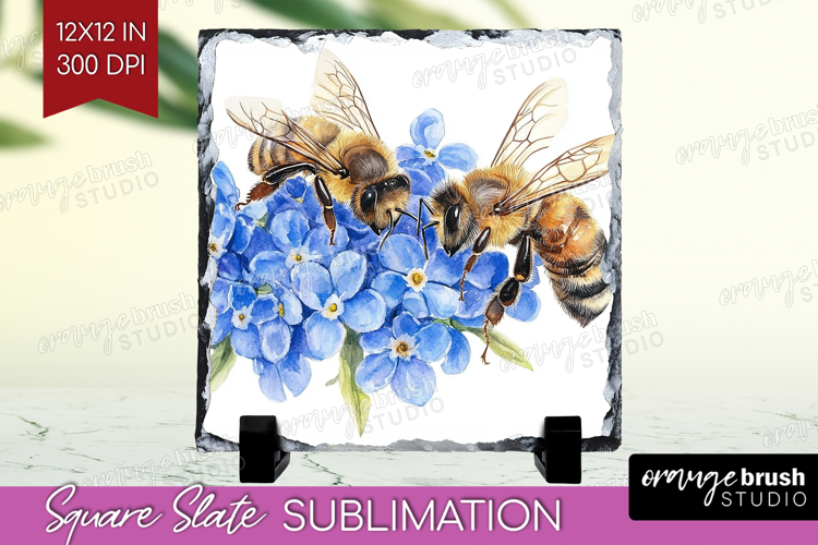 Bee Slate PNG - Watercolor Bee Square Slate Sublimation