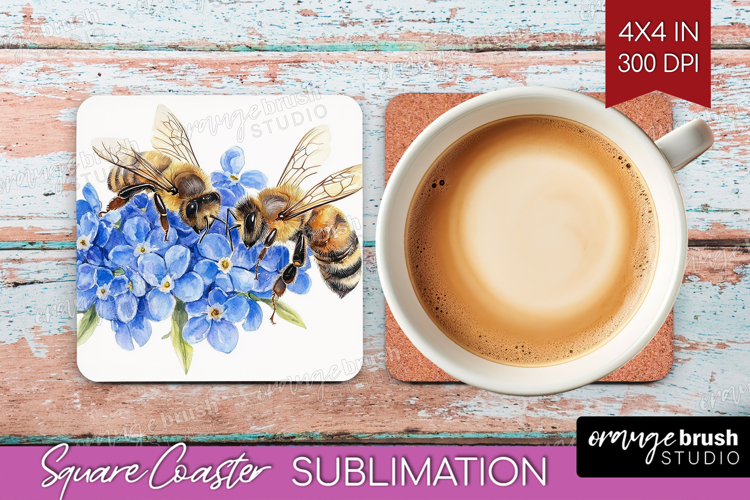 Bee Square Coaster - Watercolor Bee Coaster PNG Sublimation