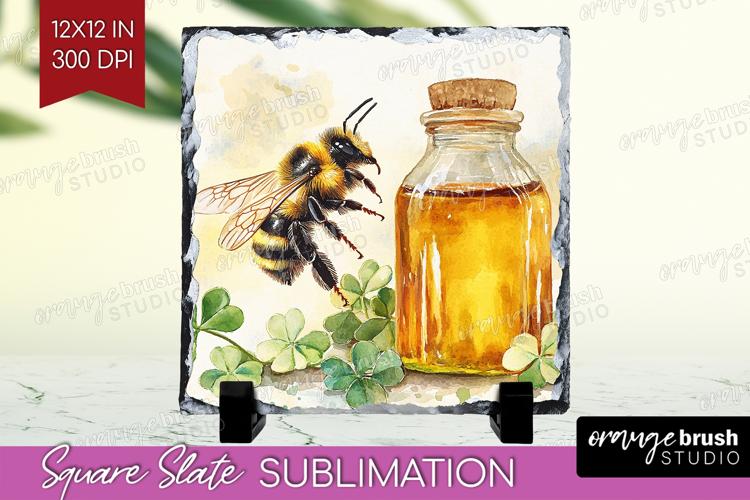 Bee Slate PNG - Watercolor Bee Square Slate Sublimation
