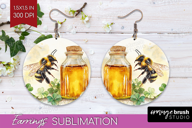 Bee Round Earrings - Watercolor Bee PNG Sublimation