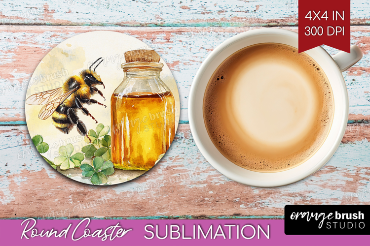 Bee Round Coaster - Watercolor Bee Coaster PNG Sublimation