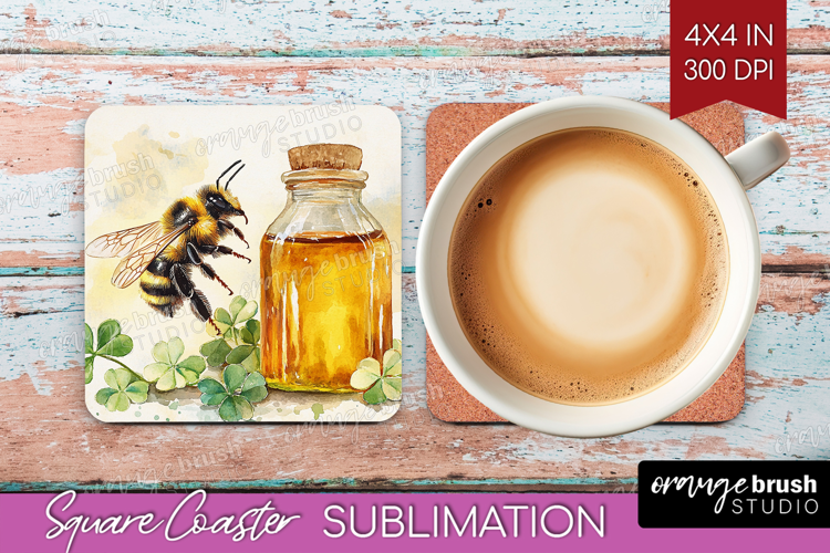 Bee Square Coaster - Watercolor Bee Coaster PNG Sublimation