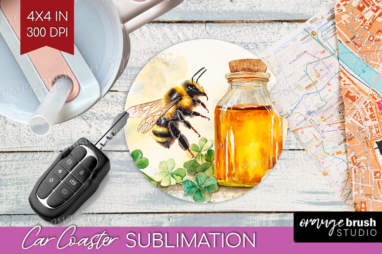 Bee Car Coaster - Watercolor Bee Coaster PNG Sublimation