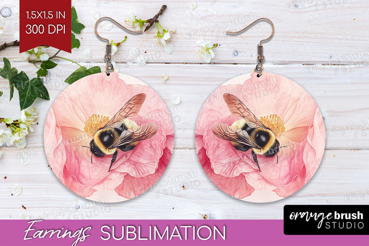 Bee Round Earrings - Watercolor Bee PNG Sublimation