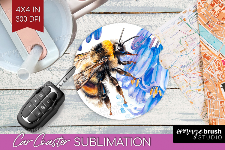 Bee Car Coaster - Watercolor Bee Coaster PNG Sublimation