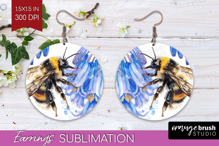 Bee Round Earrings - Watercolor Bee PNG Sublimation