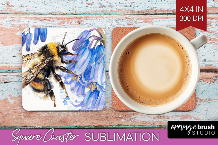 Bee Square Coaster - Watercolor Bee Coaster PNG Sublimation