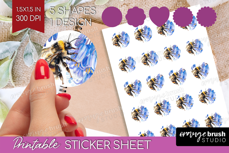 Bee Round Sticker - Watercolor Bee Printable Sticker Sheet