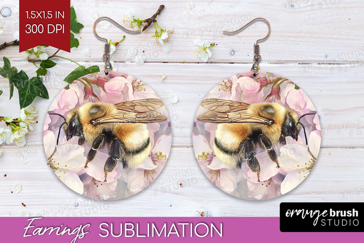 Bee Round Earrings - Watercolor Bee PNG Sublimation