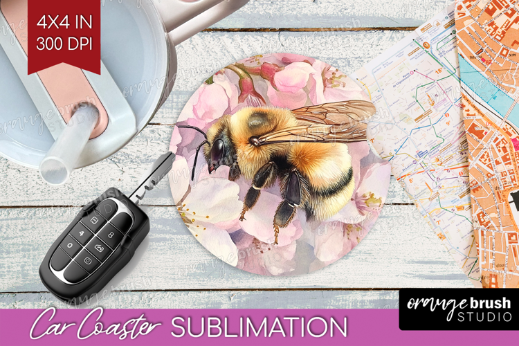 Bee Car Coaster - Watercolor Bee Coaster PNG Sublimation
