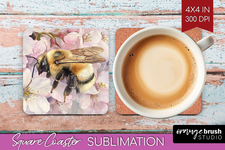 Bee Square Coaster - Watercolor Bee Coaster PNG Sublimation