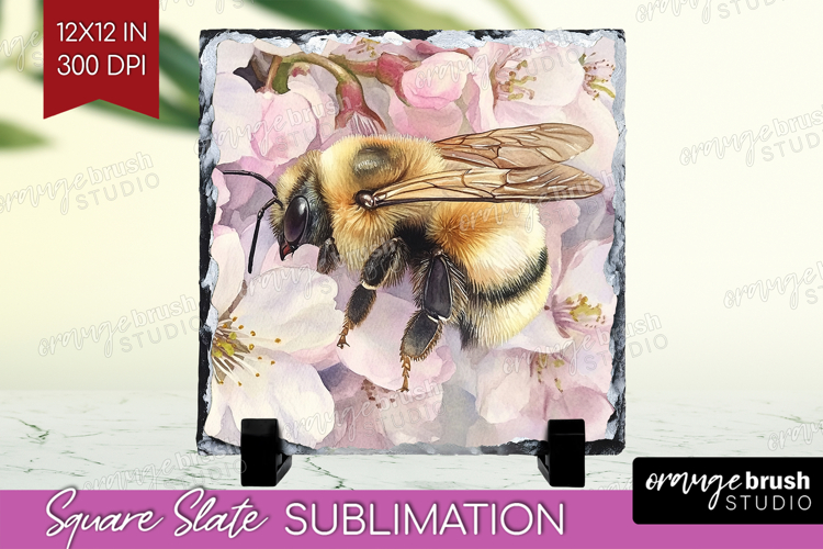 Bee Slate PNG - Watercolor Bee Square Slate Sublimation